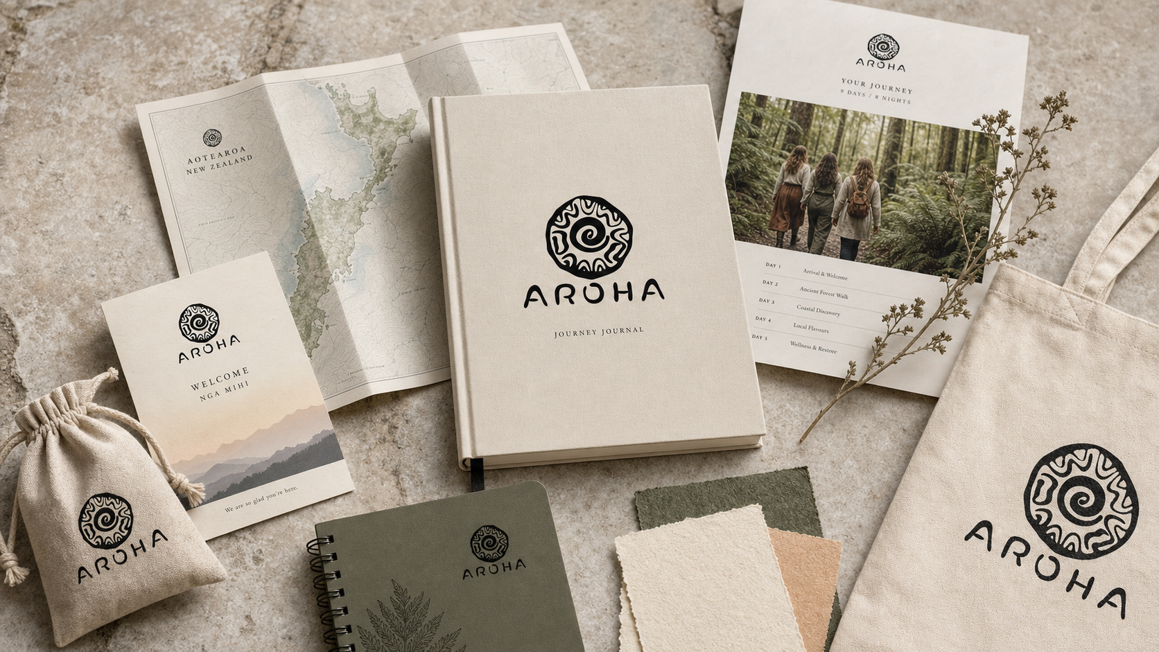Aroha journey journal, map, welcome card and brand materials